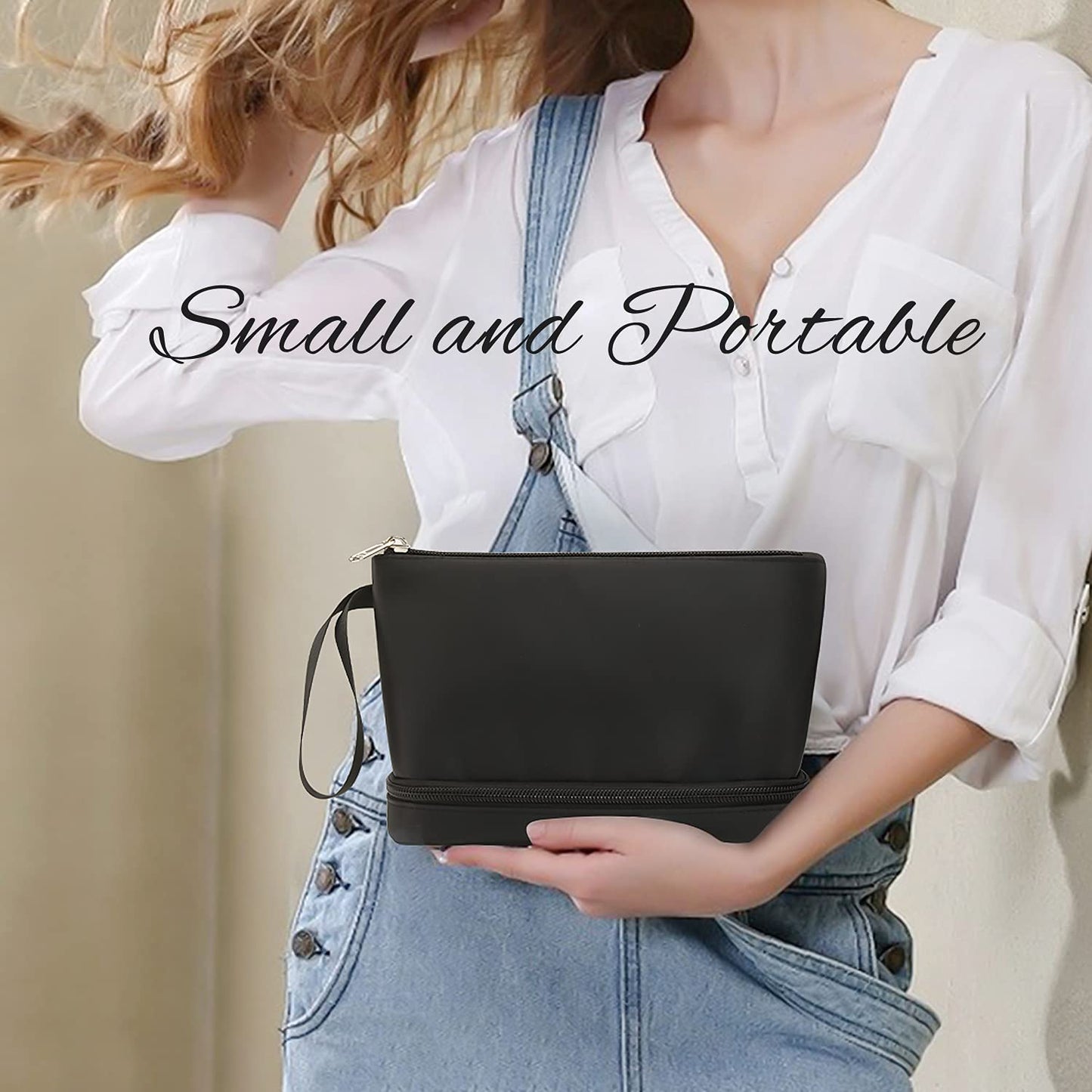 Small Makeup Bag, 2 Layers Travel Makeup Bag with Makeup Brush Holder, Cosmetic Bag Black Make up Pouch for Women/Girls