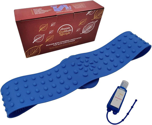 Silicone Bath Body Brush - Extra Long Shower Exfoliating Body Scrubber for Adults & Kids - Foot Scrub & Skin Invigoration -31.5In Long - Includes Free Travel Accessory (Blue)