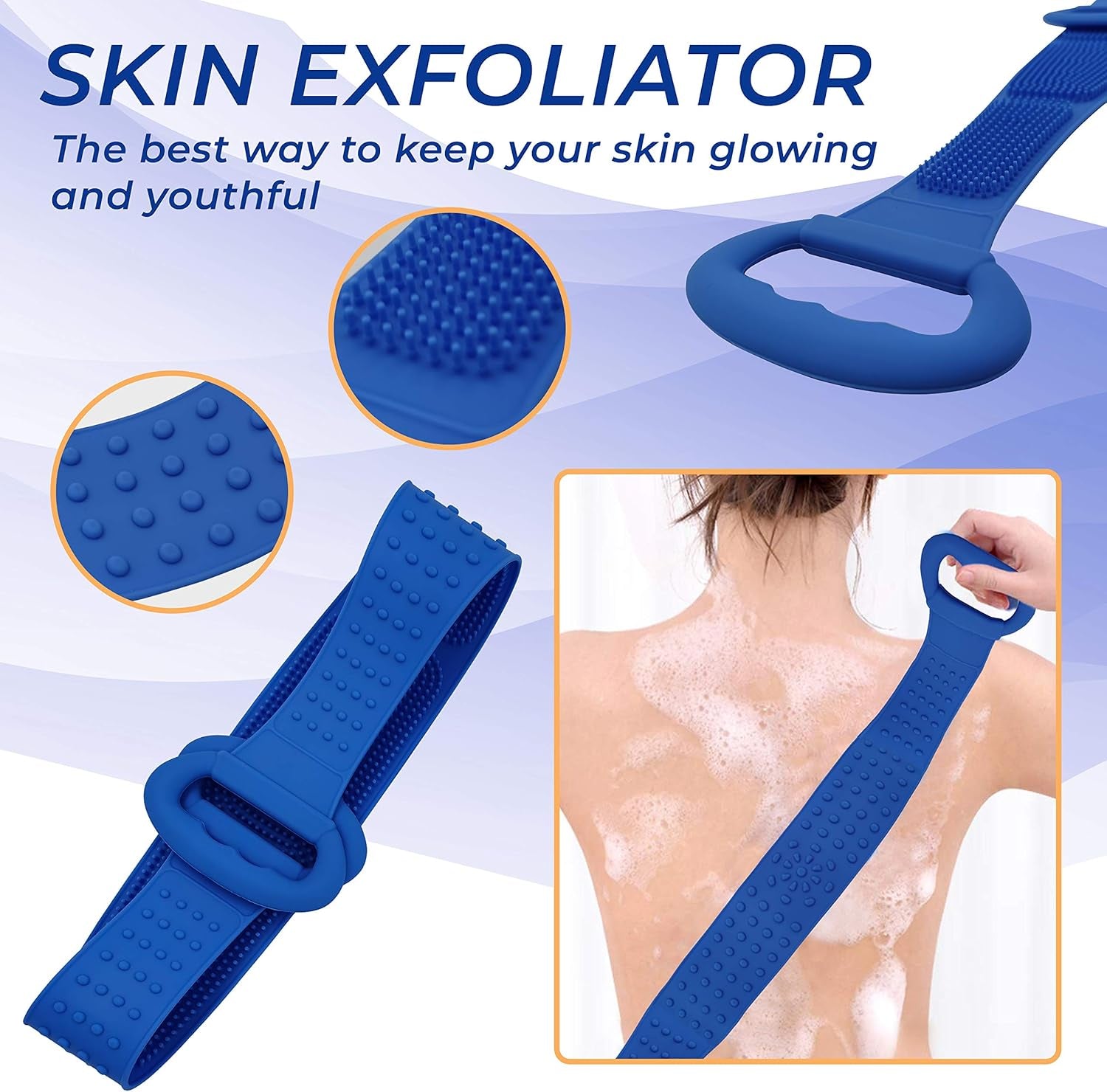 Silicone Bath Body Brush - Extra Long Shower Exfoliating Body Scrubber for Adults & Kids - Foot Scrub & Skin Invigoration -31.5In Long - Includes Free Travel Accessory (Blue)