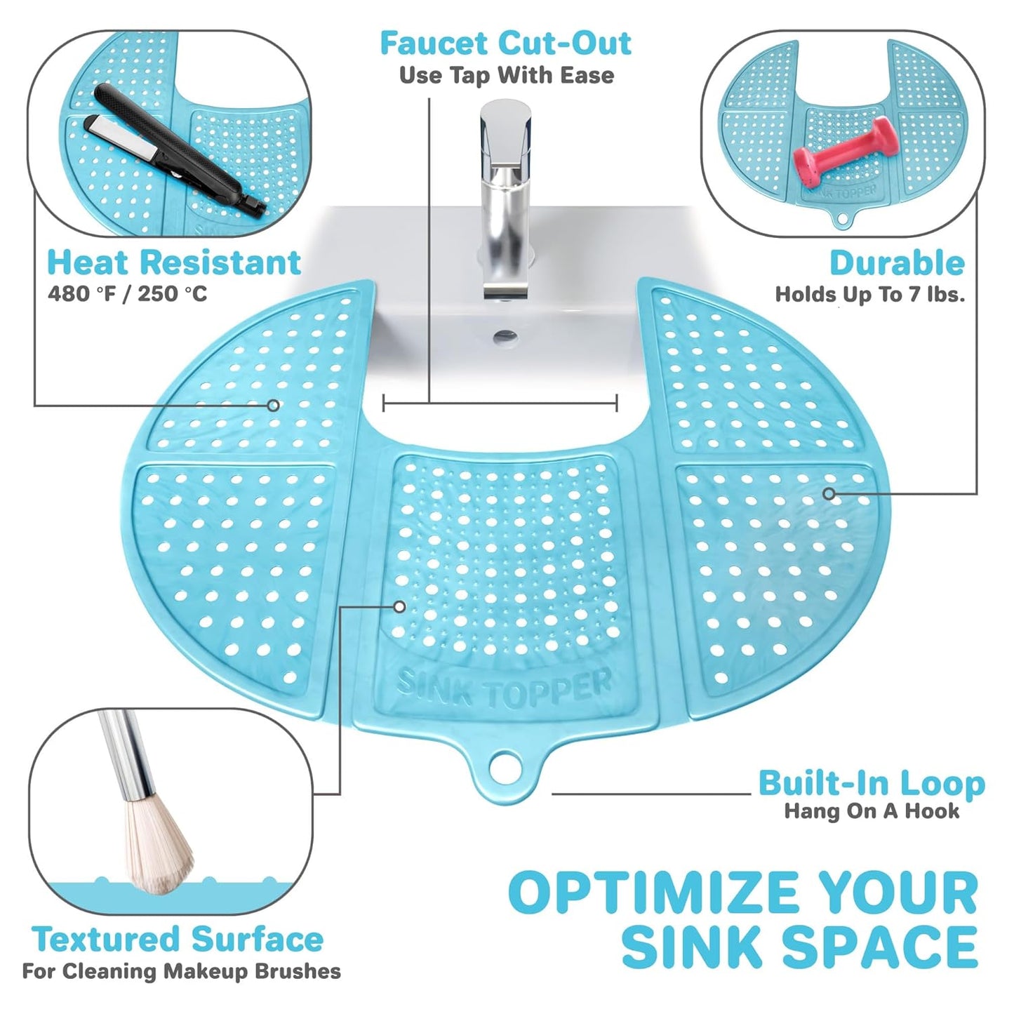 Bathroom Sink Cover for Counter Space & Storage Saver | RV Must Haves | Silicone Foldable Beauty Makeup Brush Cleaning Mat | Hot Tools Organizer | RV Sink Cover | Standard, Pacific Blue