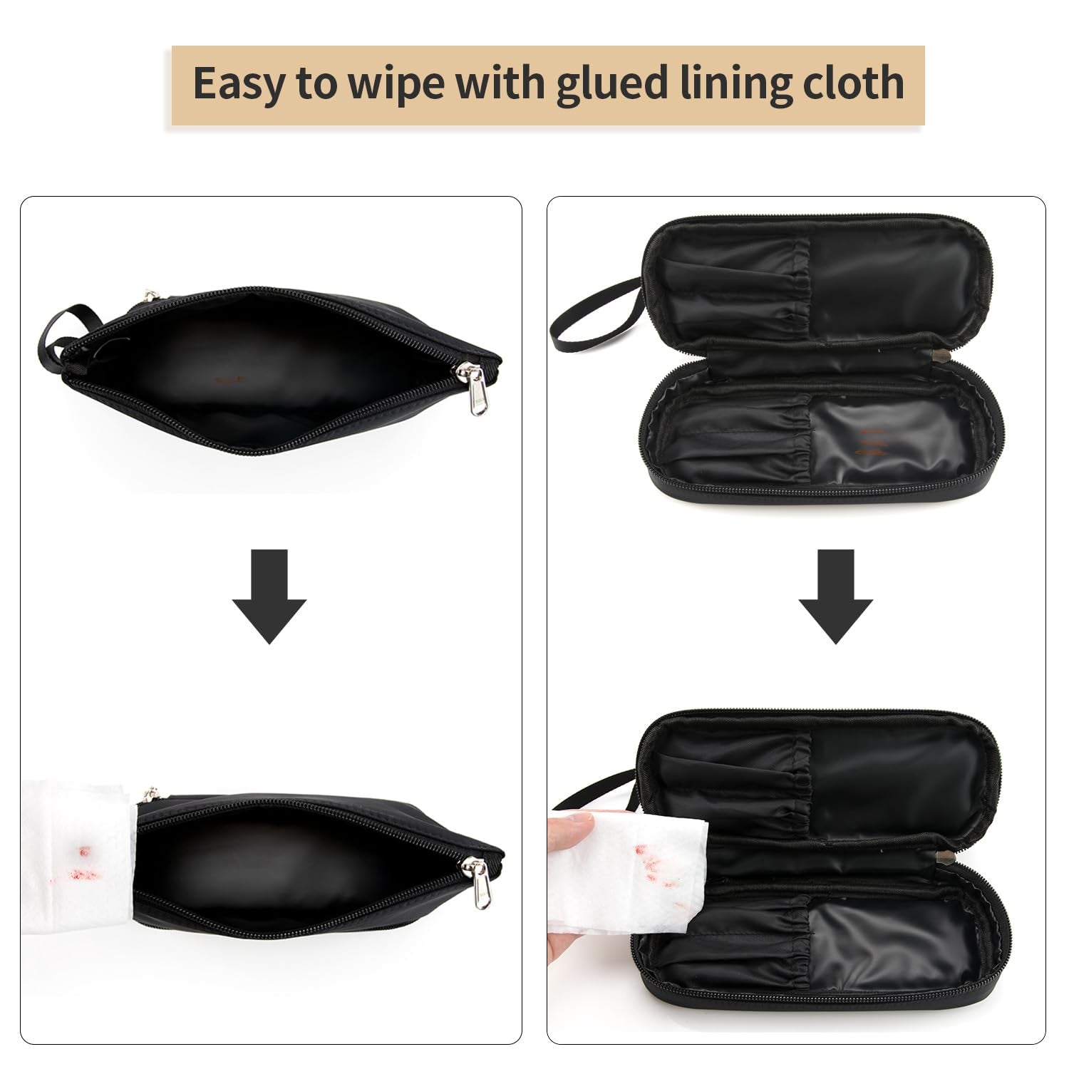Small Makeup Bag, 2 Layers Travel Makeup Bag with Makeup Brush Holder, Cosmetic Bag Black Make up Pouch for Women/Girls