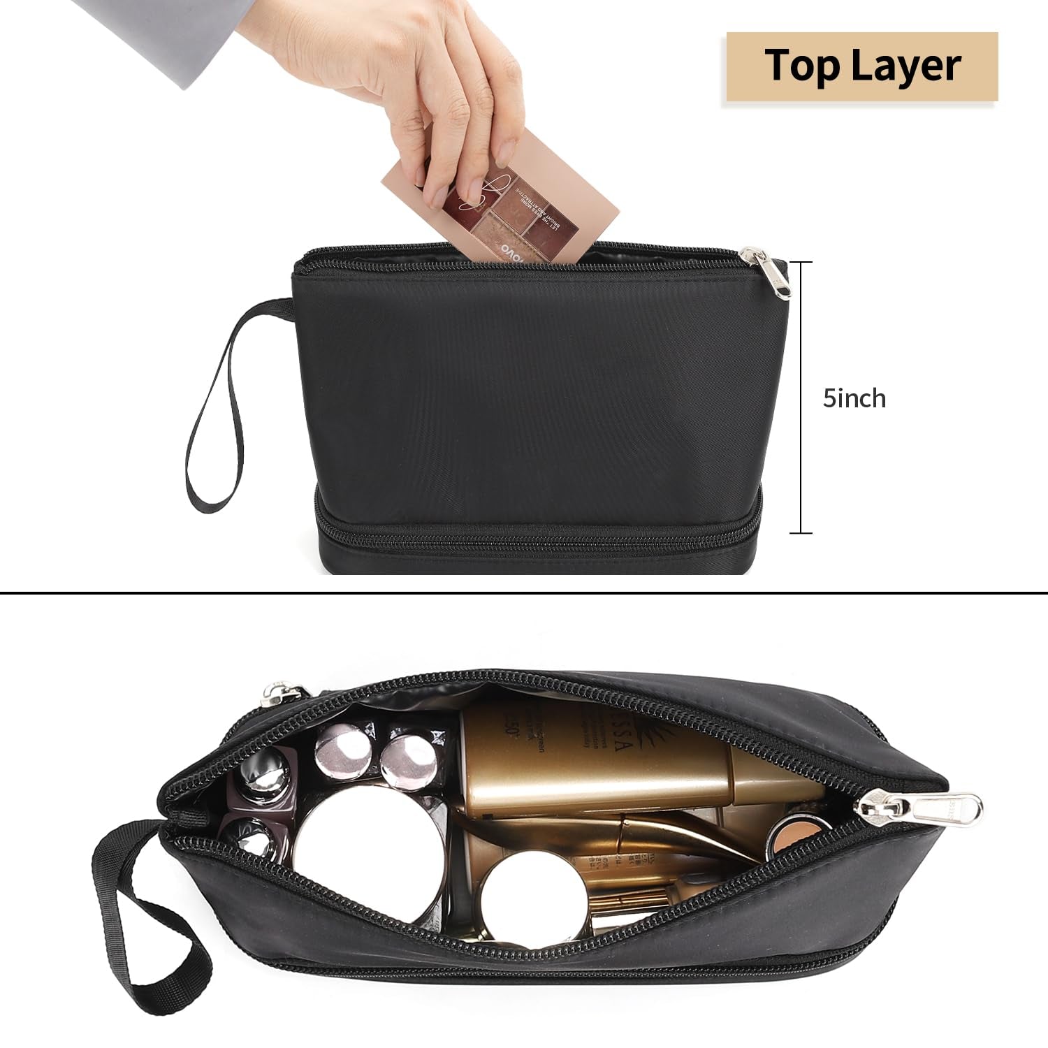 Small Makeup Bag, 2 Layers Travel Makeup Bag with Makeup Brush Holder, Cosmetic Bag Black Make up Pouch for Women/Girls