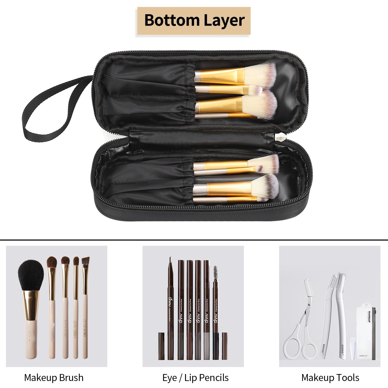 Small Makeup Bag, 2 Layers Travel Makeup Bag with Makeup Brush Holder, Cosmetic Bag Black Make up Pouch for Women/Girls