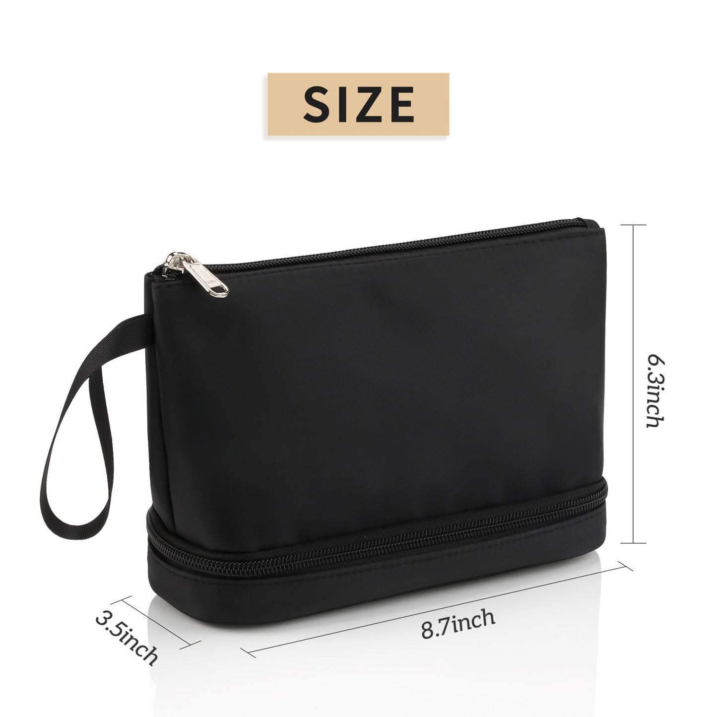 Small Makeup Bag, 2 Layers Travel Makeup Bag with Makeup Brush Holder, Cosmetic Bag Black Make up Pouch for Women/Girls