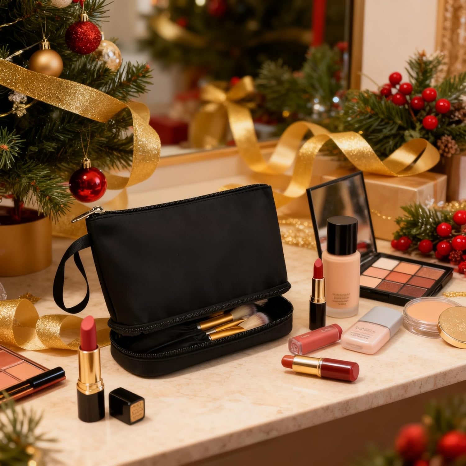 Small Makeup Bag, 2 Layers Travel Makeup Bag with Makeup Brush Holder, Cosmetic Bag Black Make up Pouch for Women/Girls